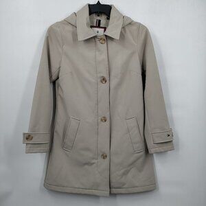 Tommy Hilfiger Button Up Collar Hooded Midi Trench Coat Small Women